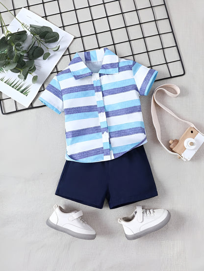 Shinydots Stylish Blue Striped Cotton Blend Shirt & Navy Shorts Set for Boys – Summer Casual Outfit