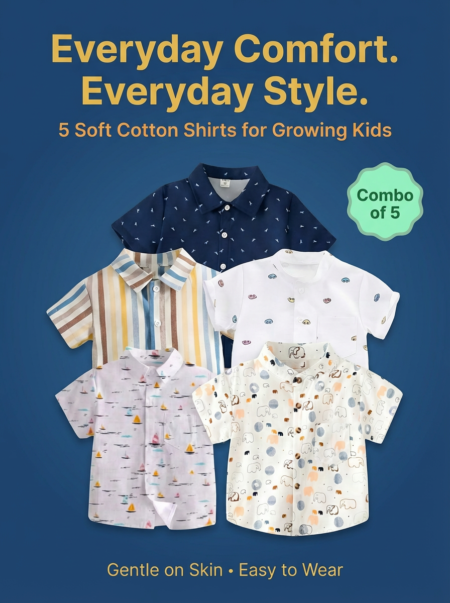 Set of five soft cotton shirts for growing kids on a blue background with text about comfort and style.