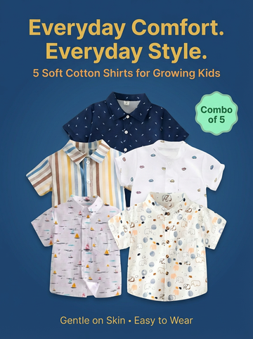 Set of five soft cotton shirts for growing kids on a blue background with text about comfort and style.