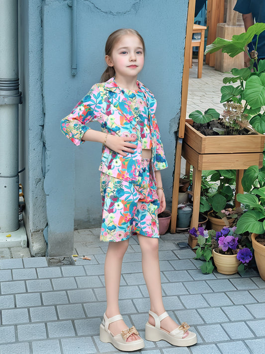 Shinydots Girls' Floral 3-Piece Co-Ord Set – Blazer, Crop Top & Shorts