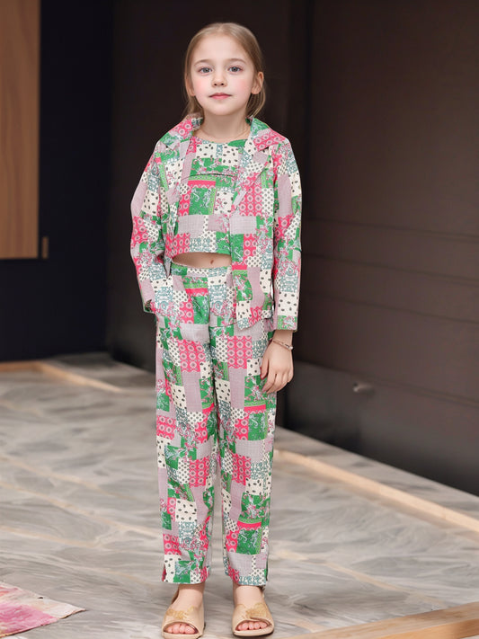 Girls' Trendy Patchwork Print 3-Piece Co-Ord Set – Jacket, Crop Top & Pants Shinydots