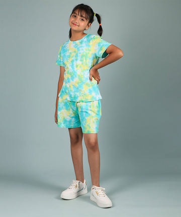 Girls' Tie-Dye Cotton Co-Ord Set - Sky Blue & Yellow