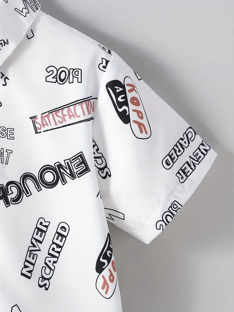 Boys White Latter Graphic Print Kids Short Sleeve Shirt-Casual Boy Shirt By Shinydots