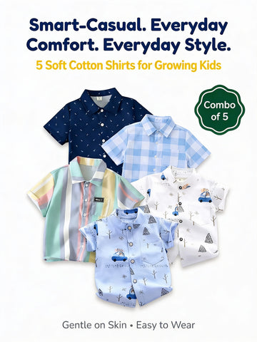 SHINYDOTS Kids Smart-Casual Cotton Shirt Combo Pack of 5 | Everyday Comfort & Style