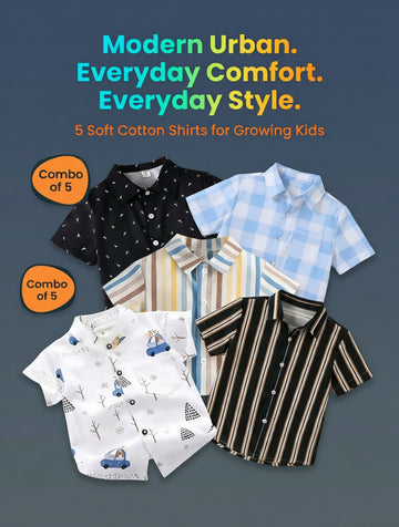 SHINYDOTS Kids Cotton Shirt Combo Pack of 5 | Modern Urban Style & Comfort