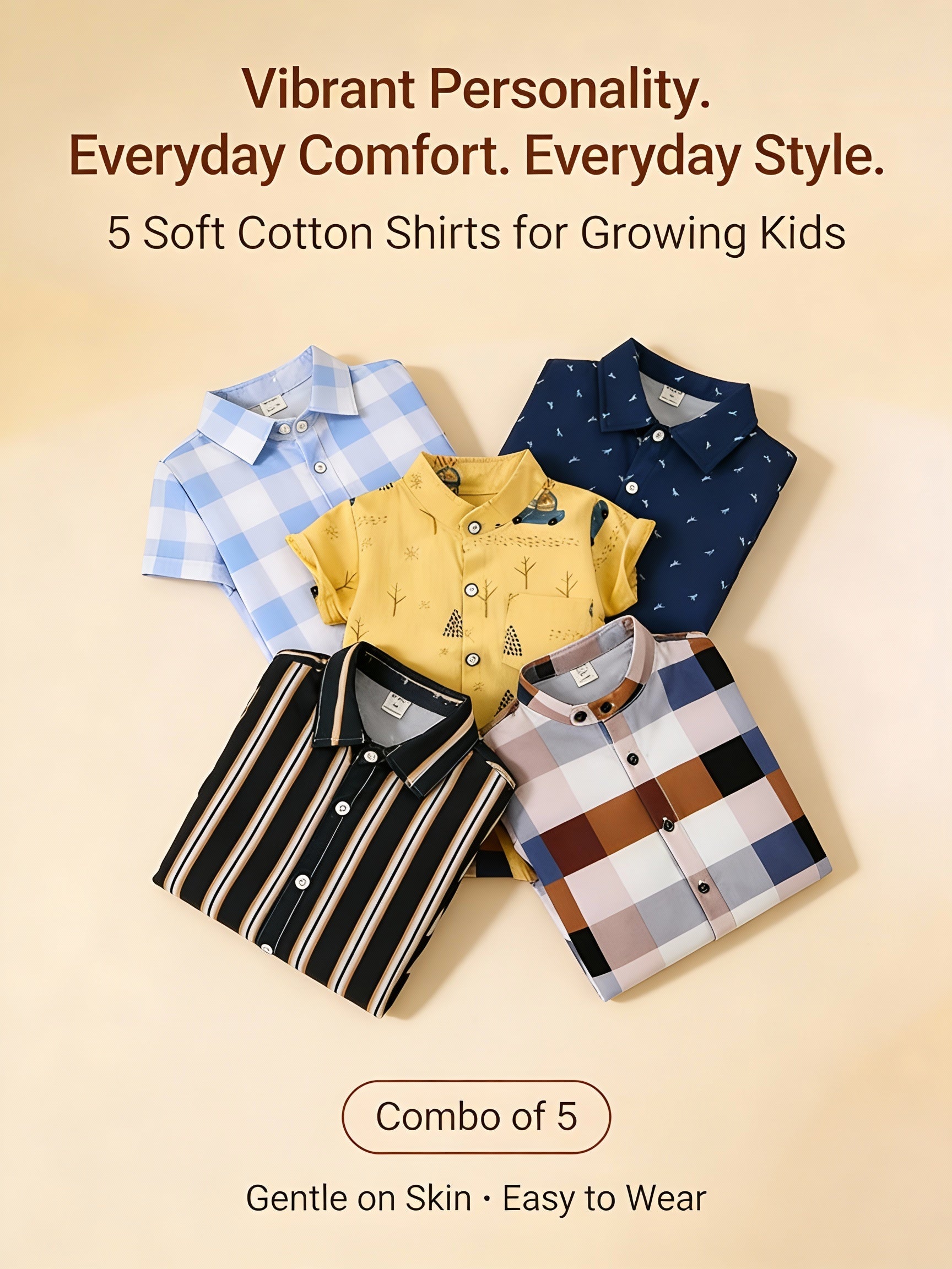Five soft cotton shirts for growing kids on a beige background with text about comfort and style.
