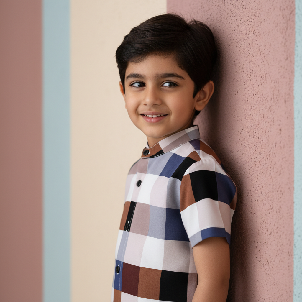 Child wearing a checkered shirt against a striped wall