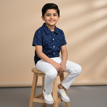 Navy Blue Dinosaur Printed Kids Shirt | Soft & Stylish Short-Sleeve