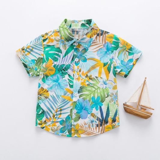 SHINYDOTS Kids Hawaiian Tropical Floral Shirt | Blue-Green Paradise Style