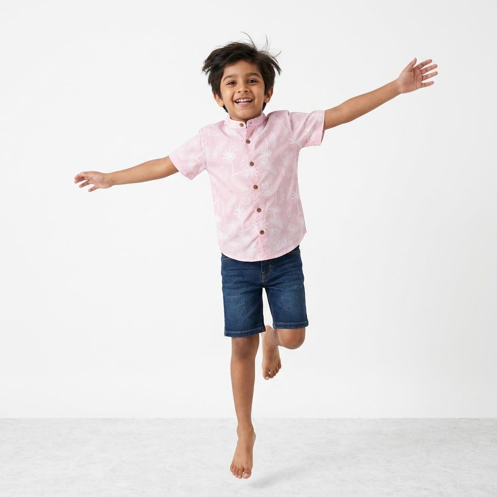 Child wearing a pink shirt and blue shorts on a white background