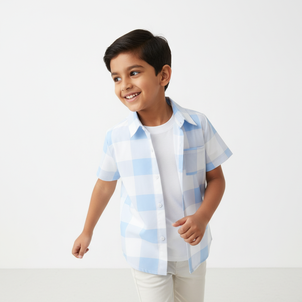 Child wearing a light blue checkered shirt over a white t-shirt on a white background