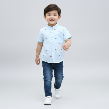 SHINYDOTS Kids Sky Blue Motor Car Print Shirt | Mandarin Collar Style