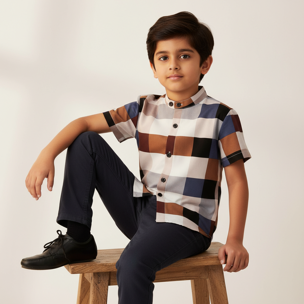 Child wearing a checkered shirt sitting on a wooden stool against a plain background