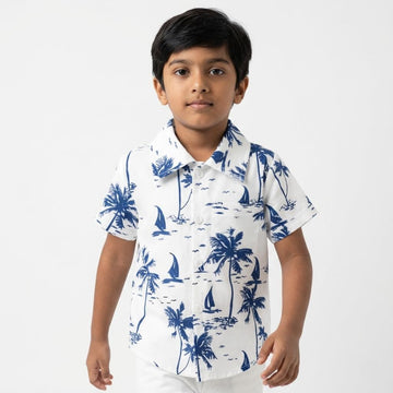 Tropical Palm Tree & Sailboat Print Kids' Shirt - Trendy Summer Wear for Boys | Shinydots