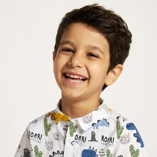 White Dinosaur Printed Cotton Shirt for Boys | Adventure Style