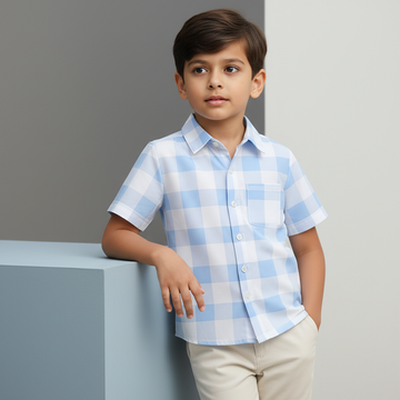 SHINYDOTS Sky Blue Checkered Cotton Shirt for Boys | Soft & Breathable