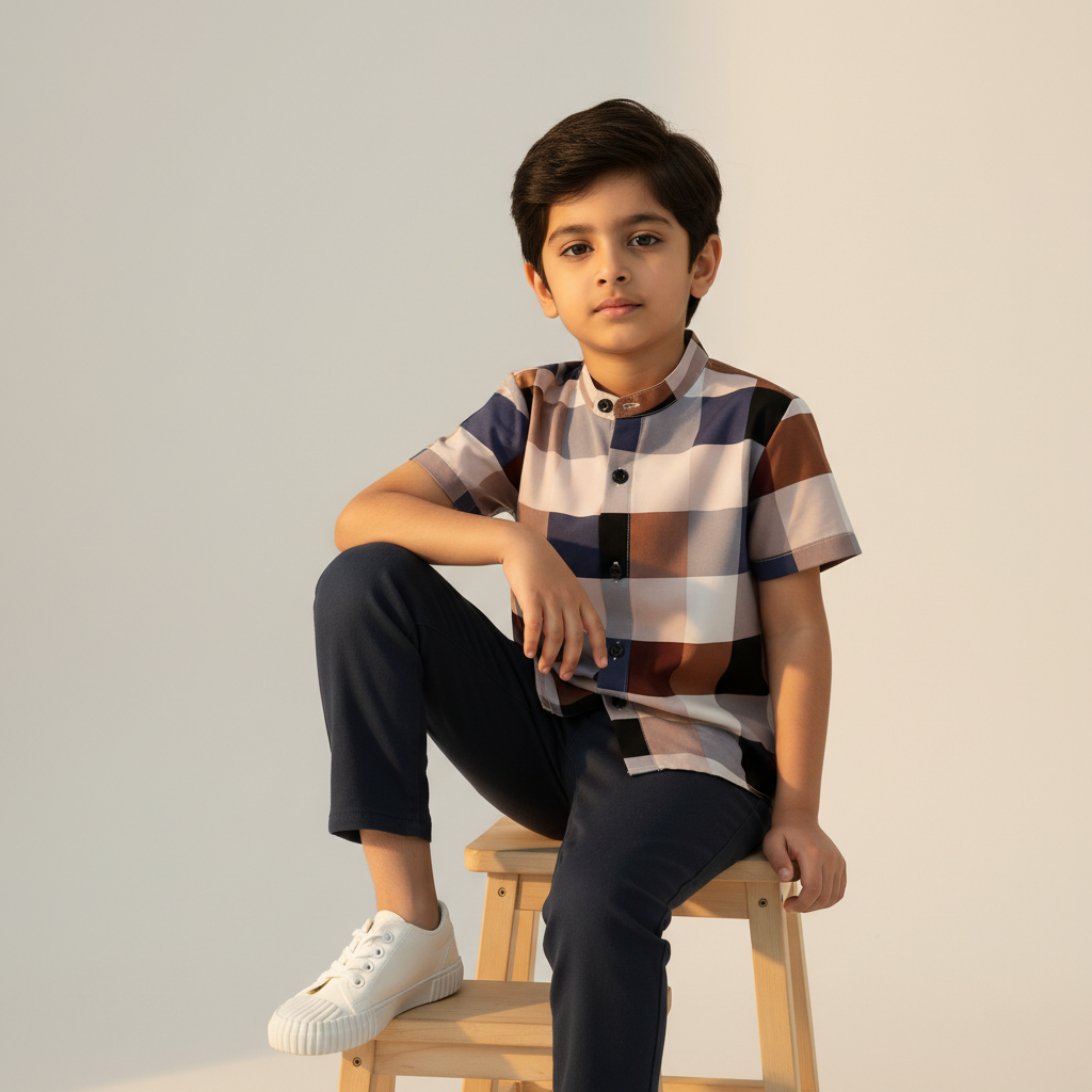 Child sitting on a stool wearing a checkered shirt and dark pants against a plain background