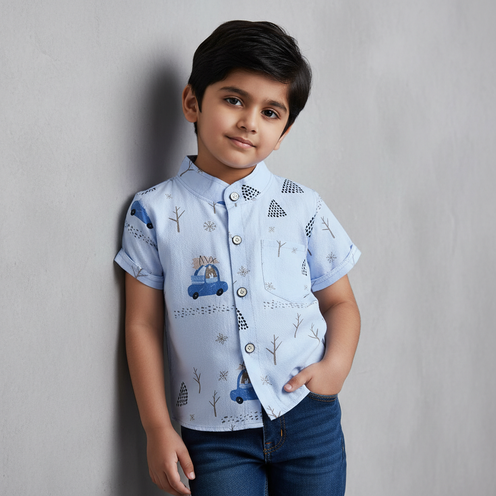 Child wearing a light blue shirt with car design against a gray background