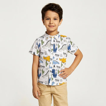 White Dinosaur Printed Cotton Shirt for Boys | Adventure Style