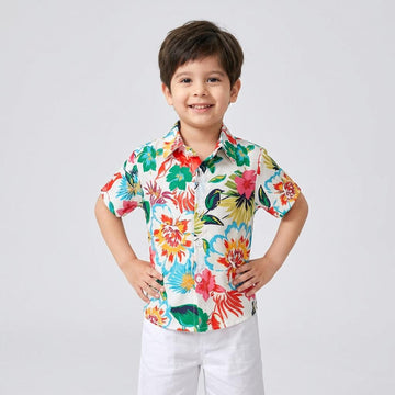 White Floral Printed Cotton Shirt for Boys | Summer Garden Style
