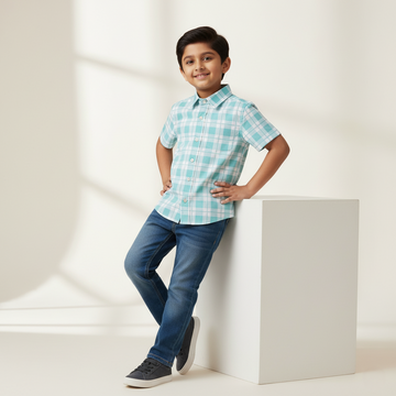 SHINYDOTS Boys Mint Green Checks Half Sleeve Cotton Shirt | Smart Casual Wear