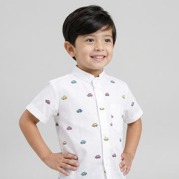 White Motor Car Printed Shirt for Boys | Mandarin Collar Style