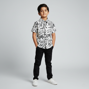 SHINYDOTS Boys White Abstract Print Half Sleeve Cotton Shirt | Artsy Street Style