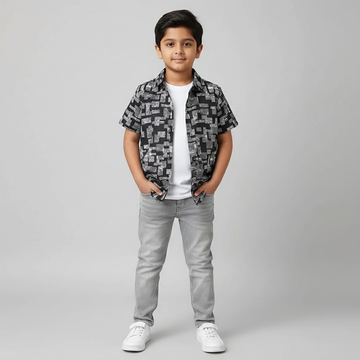 SHINYDOTS Kids Black Geometric Print Shirt | Modern Trendy Style