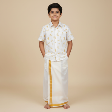 SHINYDOTS Boys White & Gold Indian Heritage Print Half Sleeve Shirt