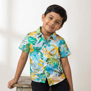SHINYDOTS Kids Hawaiian Tropical Floral Shirt | Blue-Green Paradise Style