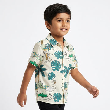SHINYDOTS Kids Tropical Safari Print Shirt | Crocodile Flamingo Palm Tree Design