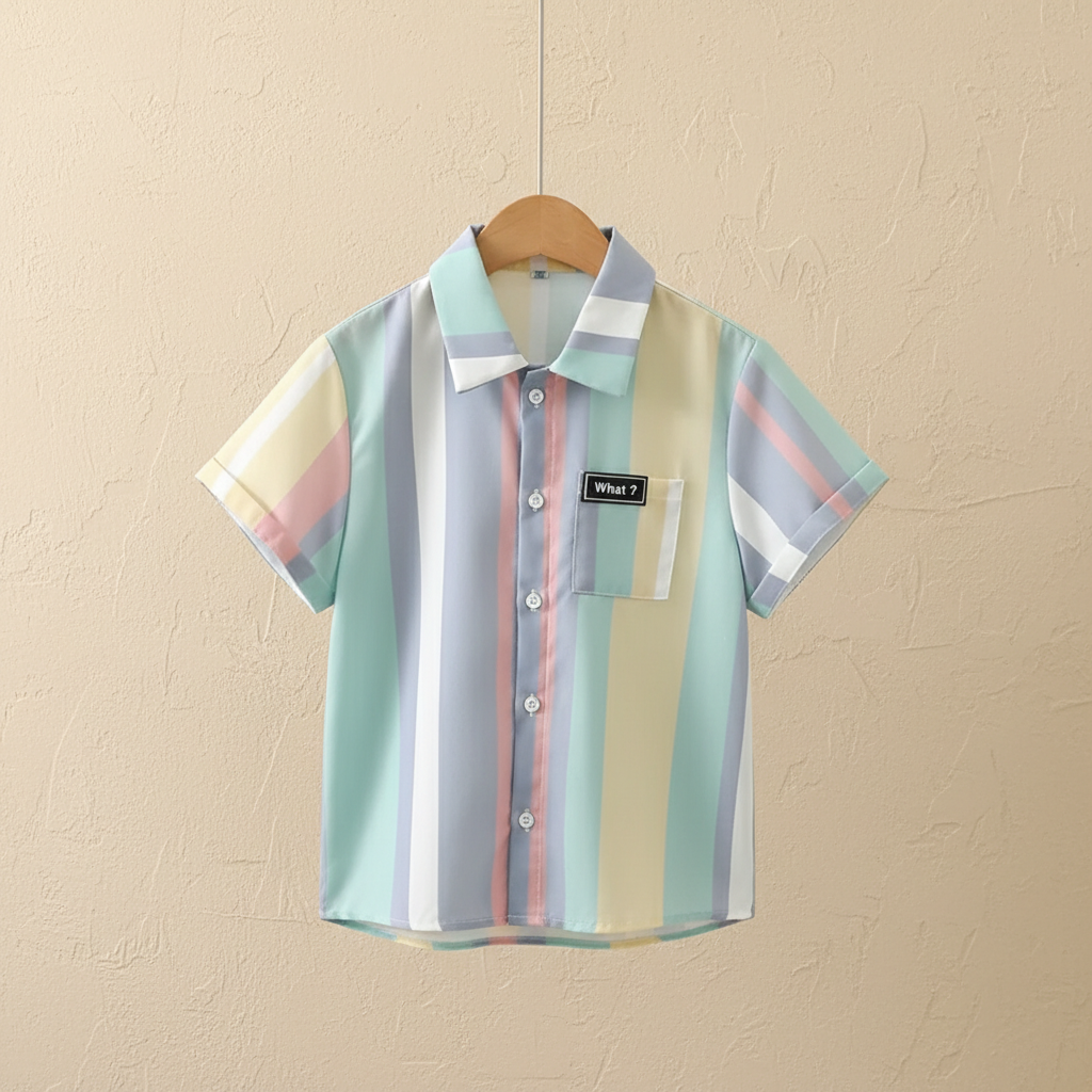 Pastel striped shirt on a hanger against a beige wall