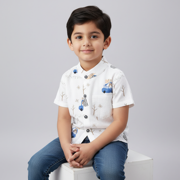 SHINYDOTS Kids White Cotton Shirt | Playful TDC Print Casual Wear