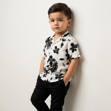 SHINYDOTS Boys White & Black Floral Printed Half Sleeve Shirt | Ink Bloom