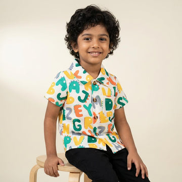 White Alphabet Printed Cotton Shirt for Boys | Fun Learning Style