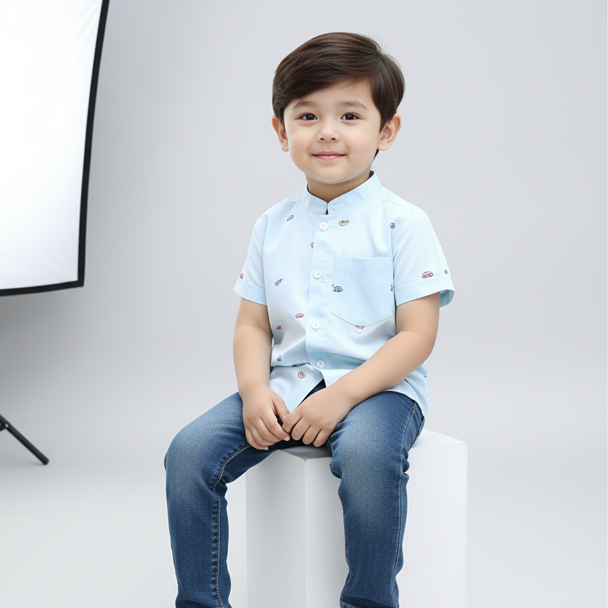 Child wearing a light blue Shinydots shirt with short sleeves and dark jeans, sitting on a white stool against a plain background.