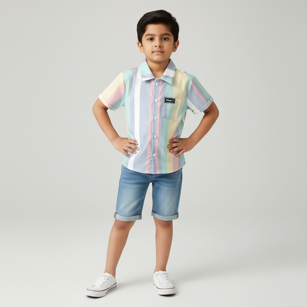 Child wearing a colorful striped shirt and denim shorts on a plain background