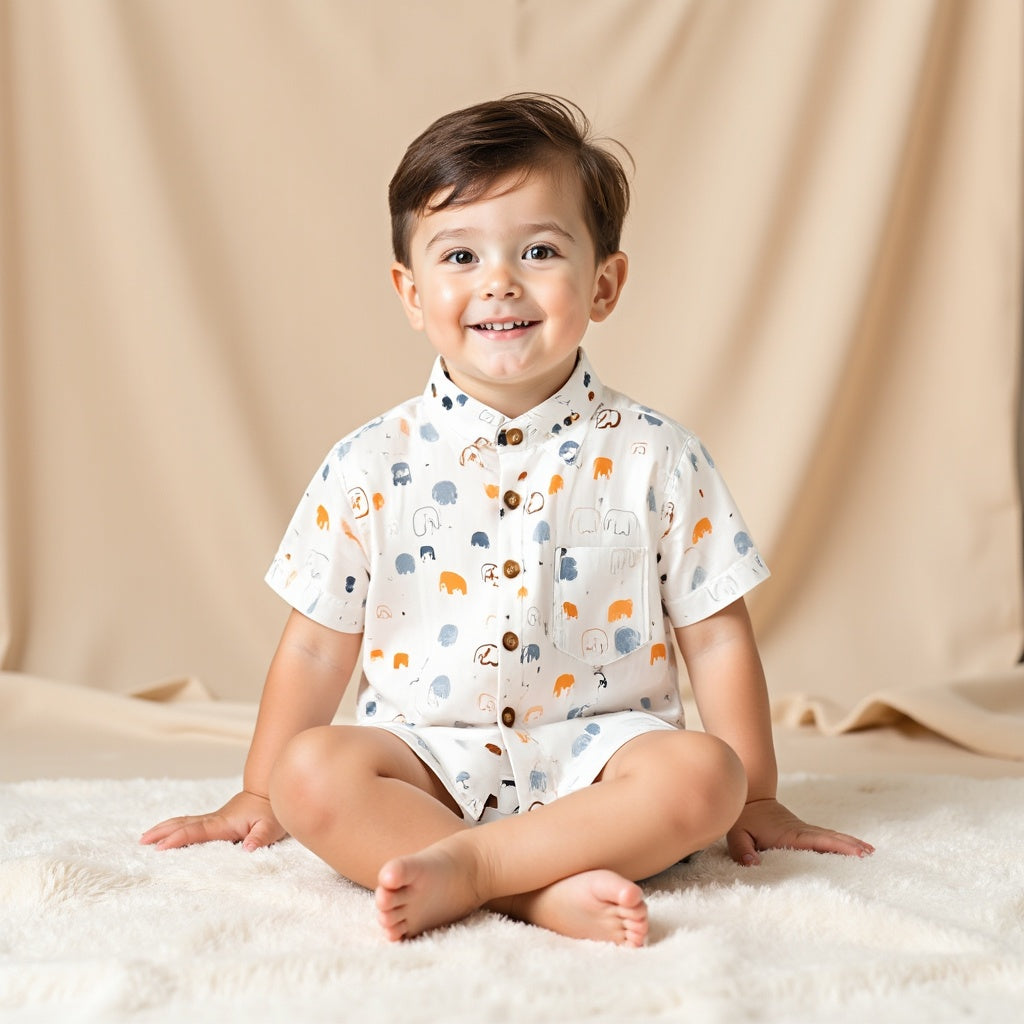 Shinydots Adorable Elephant Graphic Print Mandarin Collar Kids Chest Pocket Short Sleeve Shirt – Soft & Stylish | Skyblue & Off White