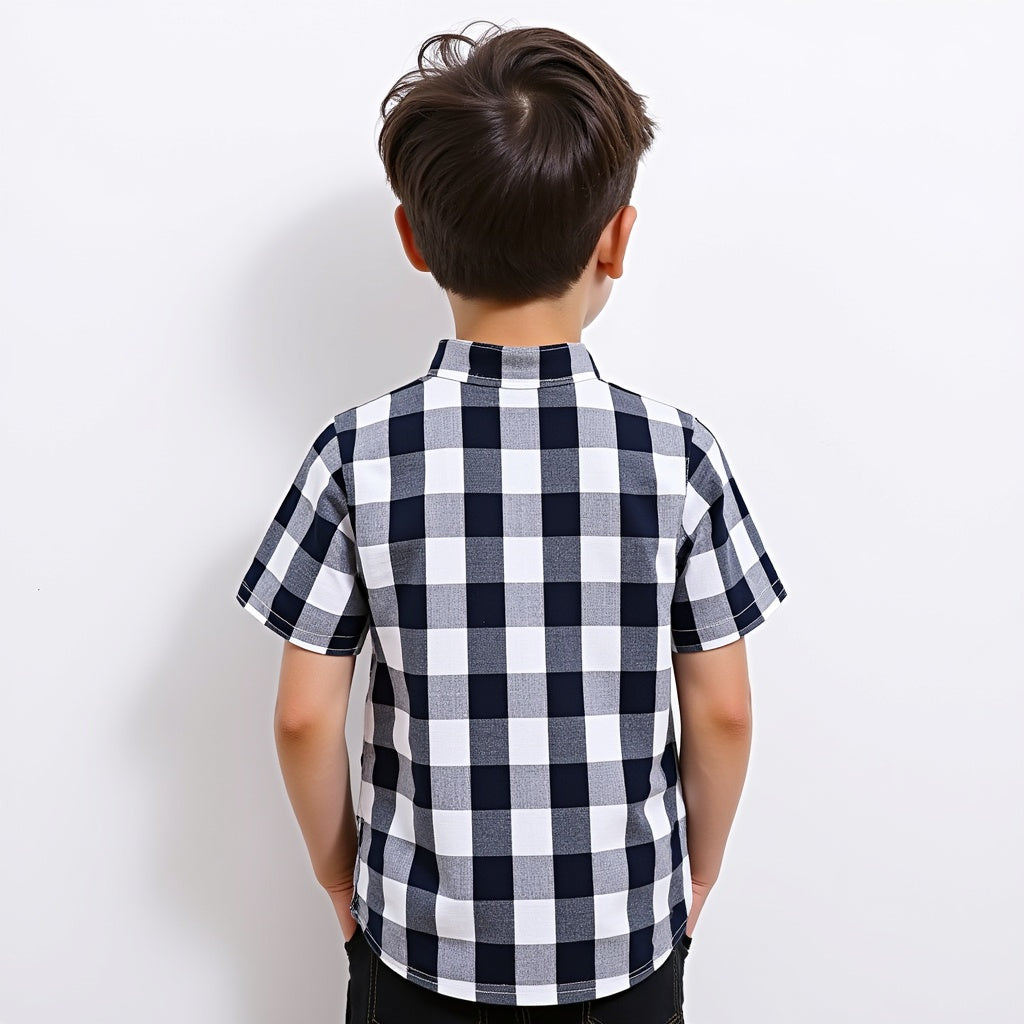 Classic Black & White Checkered Kids South Cotton Shirt - Short Sleeve Plaid Cotton Comfort