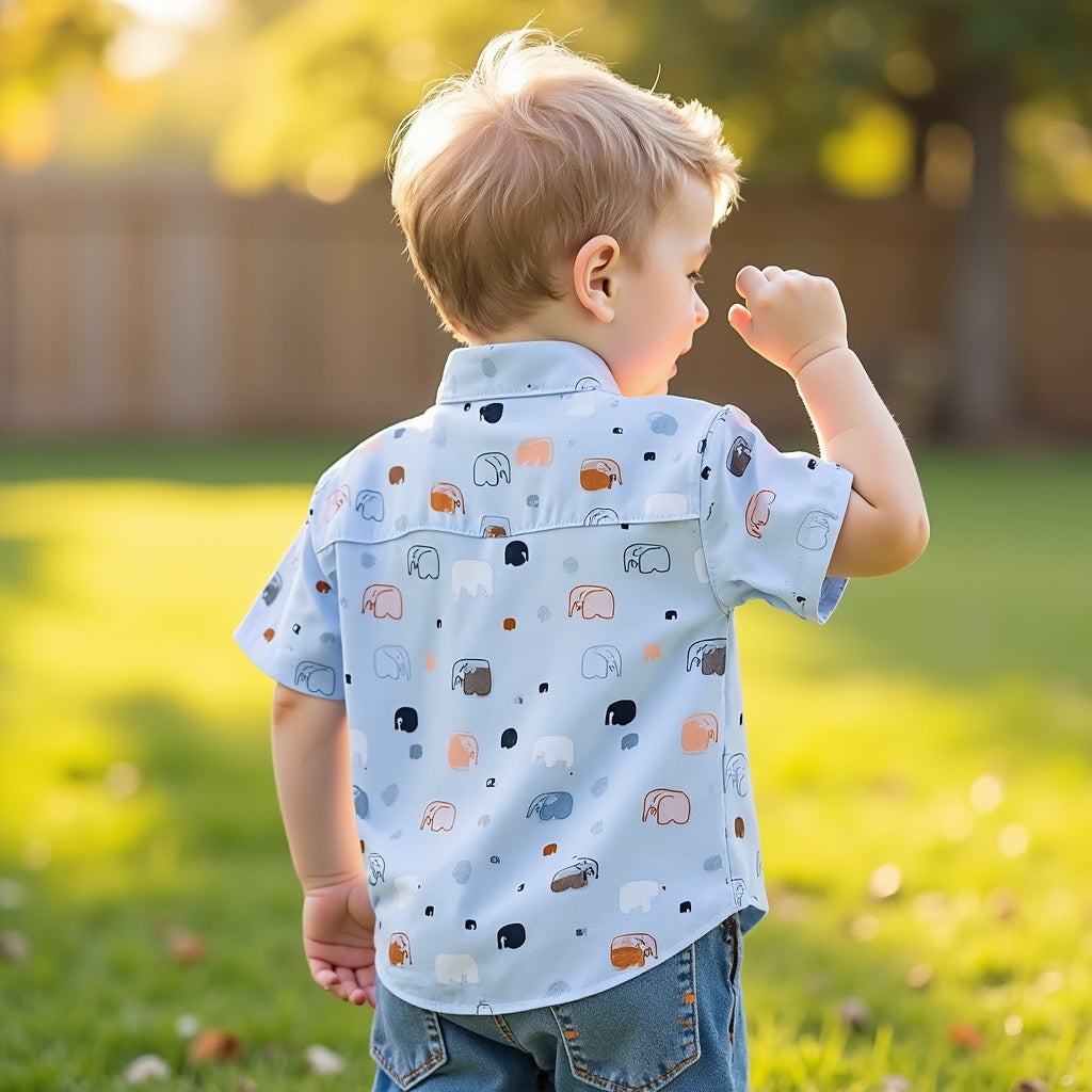 Shinydots Adorable Elephant Graphic Print Mandarin Collar Kids Chest Pocket Short Sleeve Shirt – Soft & Stylish | Skyblue & Off White