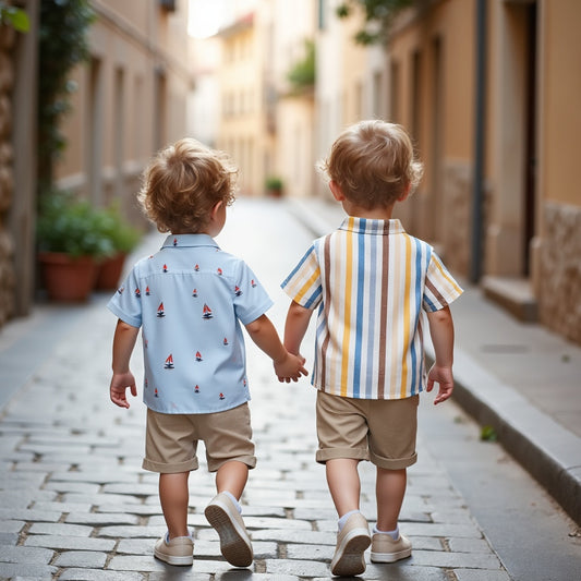 Baby Boys Pack of 2 Stylish Printed Short Sleeve Shirts - Sailboat & Striped Designs for Trendy Outfits By Shinydots